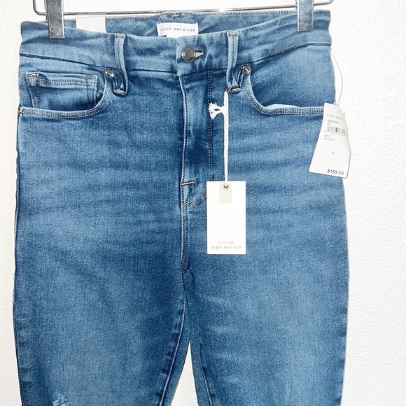 Good American Good Waist Stretchy Distressed Medium To Dark Wash Crop New Jeans - Picture 2 of 13